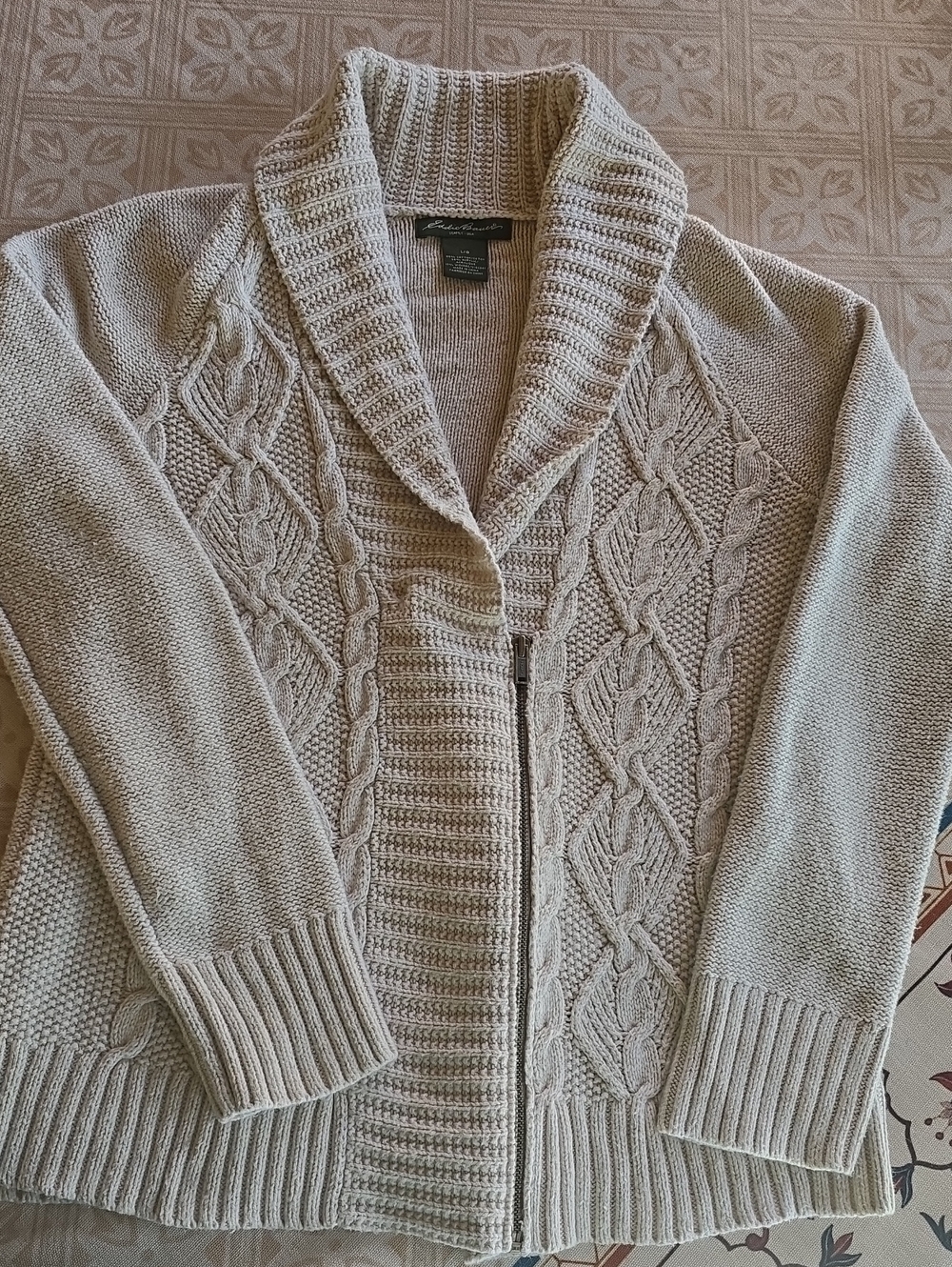 Eddie Bauer Beige Cable-Knit Shawl Collar Zip Cardigan